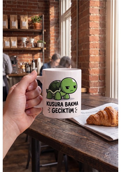 Kusura Bakma Geciktim Yazılı Kaplumbağa Baskılı Komik Hediye Kupa Bardak Beyaz