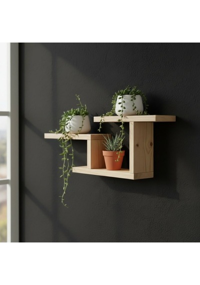 Modern Dekoratif Ahşap Duvar Rafı - 48x29 Cm - Çift Taraflı Bantlı Montaj - Saksılık & Kitaplık Bej