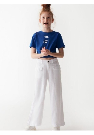 Nk Kids Kız Çocuk Yumuşak Dokulu Geniş Paçalı Cepli Pantolon-13840-beyaz Beyaz