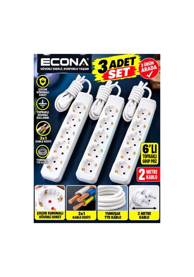 3 Adet--6'lı Topraklı Grup Priz 2 Metre Kablolu - Çoklu Uzatmalı Priz Seti 3x1 Mm² Yumuşak Ttr Kablo Beyaz Uzatma Kablosu,çoklu Priz 0