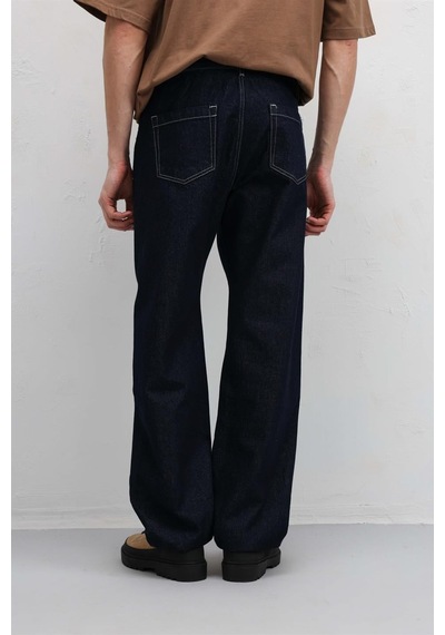 Vamos Dikiş Detaylı Relaxed Fit Jean Koyu Mavi