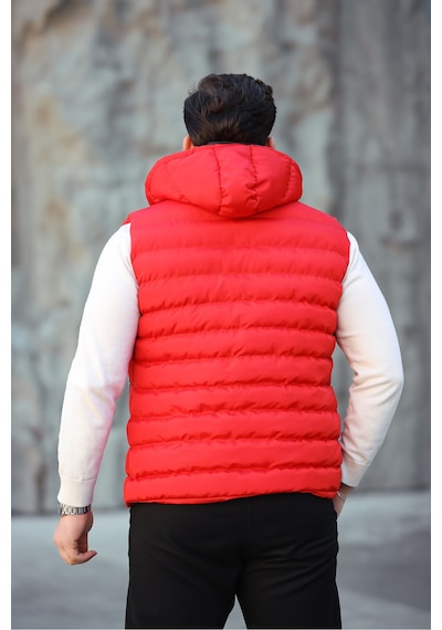 Mero Life Erkek Kırmızı Standart Fit Çıkarılır Kapüşonlu Cepli Fermuarlı Şişme Yelek
