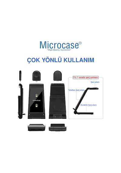Microcase Apple Uyumlu iPhone-iOS Watch-Airpods 3in1 Manyetik Şarj Standı Siyah AL3697