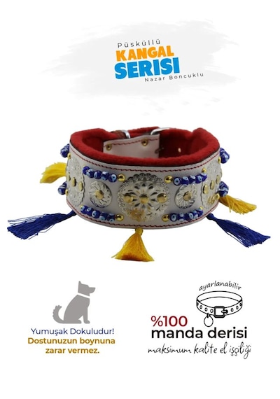 Kangal Malaklı Akbaş Püsküllü Deri Boyun Tasması Beyaz