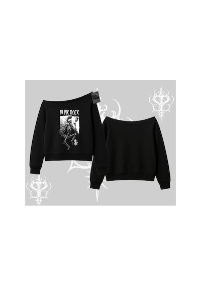 Tarzsokak Kayık Yaka Sweatshirt Punk Rock Chaos Skeleton Riot Siyah