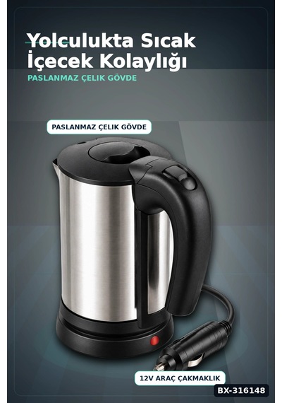Araç İçi Su Isıtıcı Kettle - 12v Çakmaklık Girişli Paslanmaz Çelik Termos Bx-316148