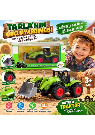 Kutulu Metal Gövde Traktör Oyuncak Detaylı Tarım Aracı Modeli