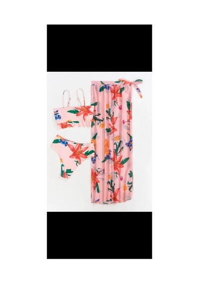 Nisanurtekstil Yüksek Bel Bohemia Mayo Set Üç Parça Çiçek Baskı Bikini Mayo Pembe Pembe
