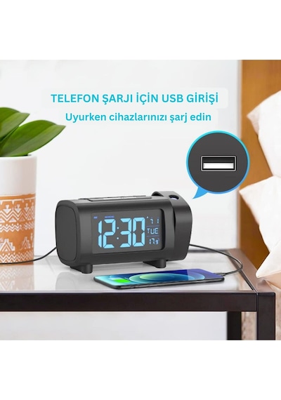 Projeksiyonlu Dijital Çalar Saat Fm Radyo Usb Şarj Sıcaklık Göstergeli 4kademe Parlaklık Siyah