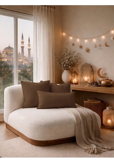 Br Perle Sütlü Kahverengi Keten Dokulu Dekoratif Kırlent Kılıfı Modern Salon Koltuk Yastığı