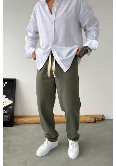 Haki Baggy Keten Pantolon Haki