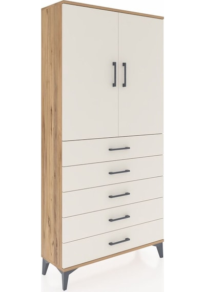 Arges Dolap 3 Raflı 5 Çekmeceli 2 Kapaklı 88x30x182 Çam-aytaşı Çam