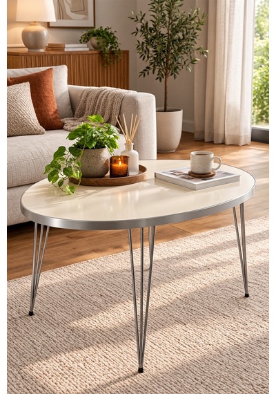 Sulorahome Gümüş Tel Ayaklı Oval Orta Sehpa Krem Bej