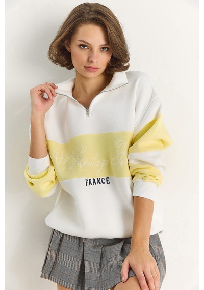 Shade Kadın Yarım Fermuarlı Nakış Detaylı Renk Bloklu Oversize Sweatshirt 10001 60283561 - Beyaz-sarı Çok Renkli Shade Kadın Yarım Fermuarlı Nakış Detaylı Renk Bloklu Oversize Sweatshirt 10001 60283561 - Beyaz-sarı Çok Renkli