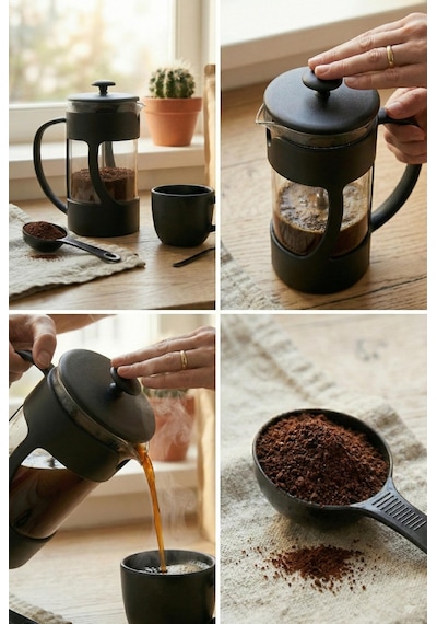 350 Ml Borosilikat Cam French Press & Siyah Modern Kahve Ve Bitki