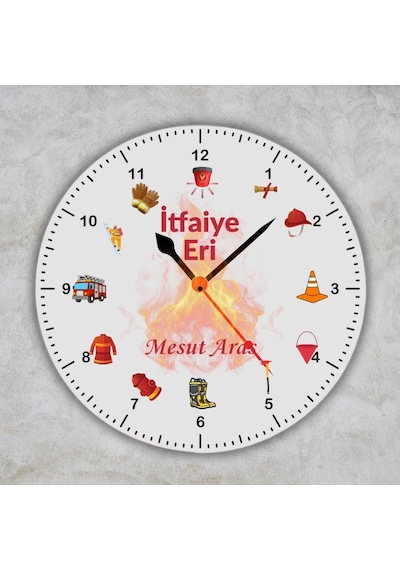 İtfaiye Temalı Ve İsimli Ofis Duvar Saati - İtfaiyeciye Özel Hediye Metal Saat Beyaz
