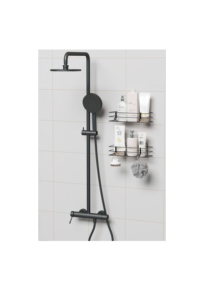Yapışkanlı 2'li Set, Duvar Düzenleyici Banyo Rafı Ve Şampuanlık Açık Kahverengi