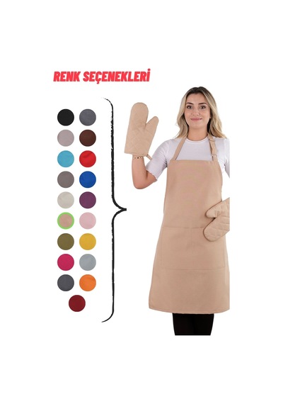 Simple 3lü Set Ayar Askılı Cepli Mutfak Önlüğü Seti 2 Eldiven Şef Garson Kafe Aşçı Barista Cappucino