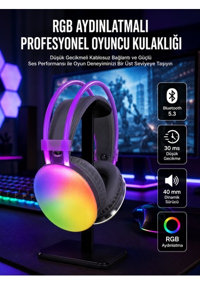 Rgb Işıklı Yüksek Ses Kaliteli Kablosuz Kulak Üstü Bluetooth Kulaklık - Bayi Depom