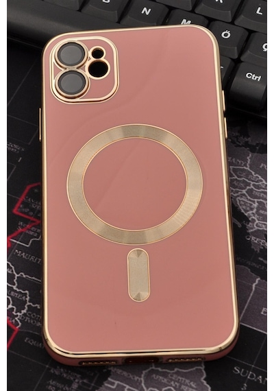 Apple Uyumlu iPhone 11 Magsafe Özellikli Lens Korumalı Lazerli Renkli Kılıf Pudra Pembe