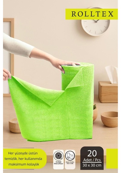 Rolltex Yırt Kopar %100 Mikrofiber Temizlik Bezi 30x30cm 20'li Yeşil Renk Gri