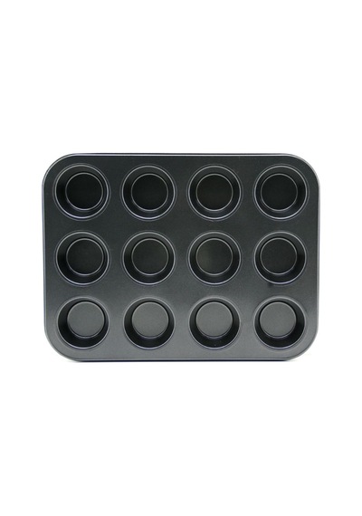 12 Gözlü Metal Muffin Kek Kalıbı - Siyah Düz 26 Cm
