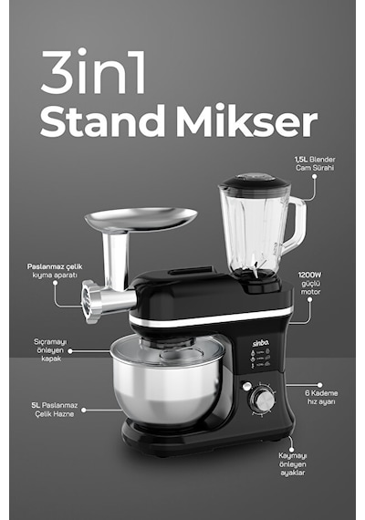 Sinbo SMX-2772 1200 W Çok Amaçlı 3in1 Mutfak Şefi Mikser & Blendet Set