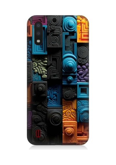 Samsung Galaxy A01 Uyumlu Renkli Kareler Ve Spiraller Desenli Silikon Kılıf