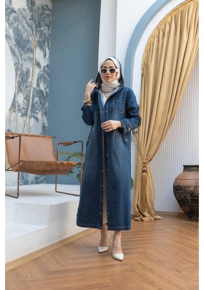 6329-taşlı Denim Kapşonlu Kap Koyu Mavi Koyu Mavi