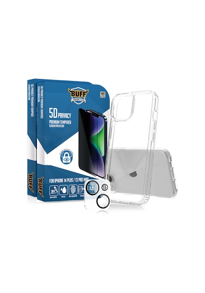 Buff Apple iPhone Uyumlu  14 Plus - 2x5d Ekran Koruyucu + Şeffaf Kılıf + Lens Koruyucu Privacy Hayalet
