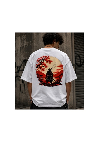 Qmen Style Unisex Beyaz Oversize Baskılı T-shirt Japon %100 Pamuk