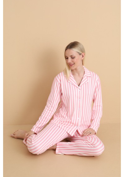 Wordex Mirano 9801 Şardonlu Soft Kışlık Düğmeli Çizgili Kadın Pijama Takım Pembe