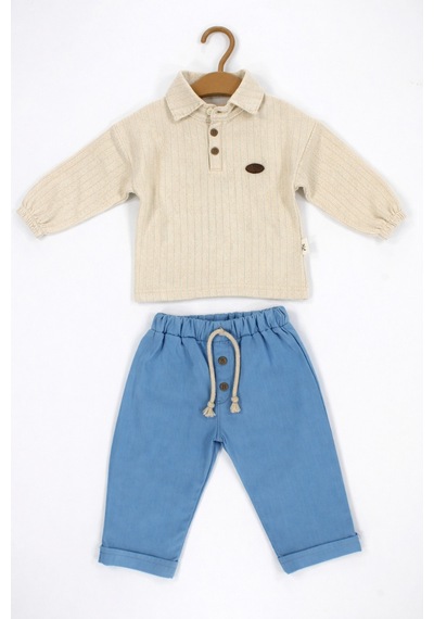 Babyhola Polo Yaka Bayramlık Erkek Bebek İkili Alt Üst Takım Set 2222 Mavi