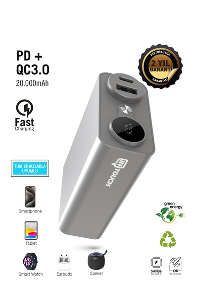 20.000mah Carbon Pd Qc 3.0 Powerbank, Taşınabilir Şarj Cihazı Gümüş