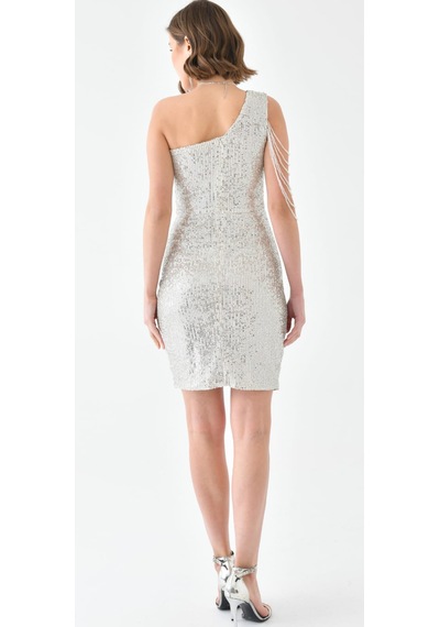 Hanife Glam Couture Hanife Glam Tek Omuz Taş Tasarımlı Mini Pulpayet Elbise Gümüş