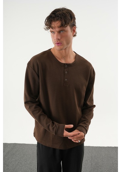 Redline Taren Oversize Erkek Kışlık Düğmeli Sweatshirt Kahverengi