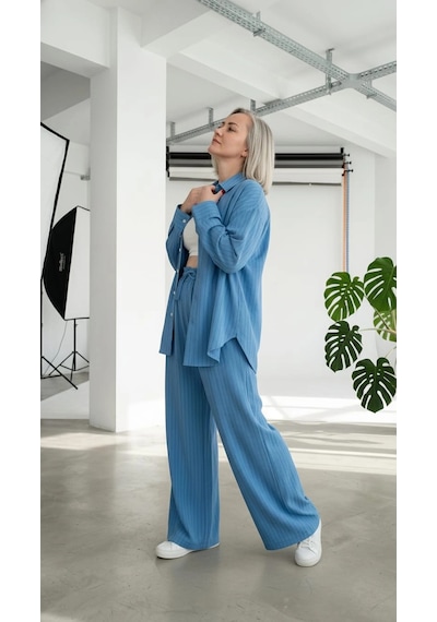 Byemelika %100 Viskon, Çizgili Desen, Bolpaça, Lastik Bel Detaylı Gömlek & Pantolon Takım Yeşil Mavi Byemelika %100 Viskon, Çizgili Desen, Bolpaça, Lastik Bel Detaylı Gömlek & Pantolon Takım Yeşil Mavi