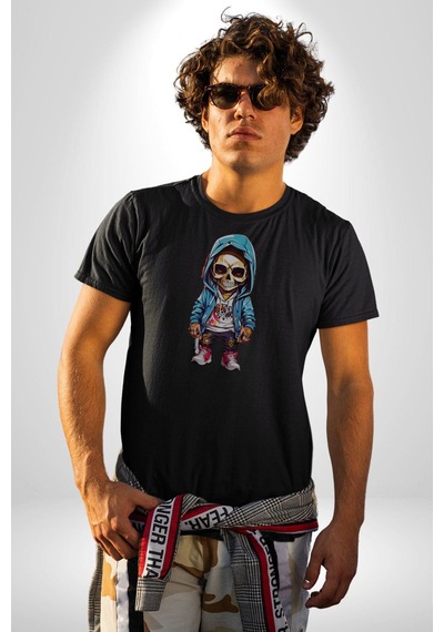 Hiphop Kurukafa Hoodie Unisex Unisex Siyah Organik Baskılı T-shirt Penye Yüksek Kalite Siyah