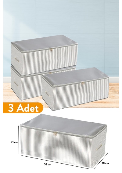 Serstil 3 Adet - Küçük Boy Baskı Detaylı Antrasit Çizgili Hurç 52 X 28 X 21 Cm Gri