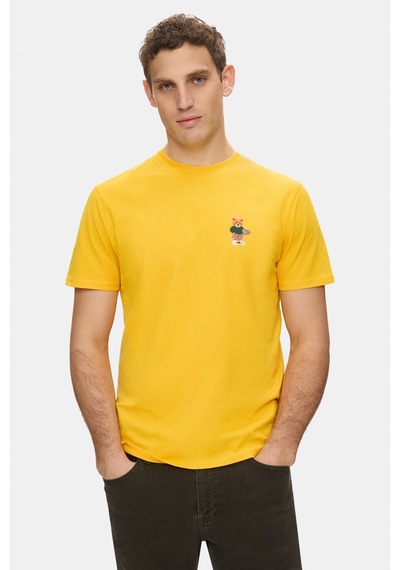 Ucla Dıego Sarı Bisiklet Yaka Baskılı %100 Pamuk Standard Fit Erkek Tshirt Sari