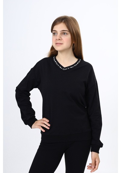 Toontoy Kız Çocuk Okul Baskılı Sweatshirt Siyah
