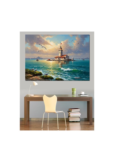 Gün Batımında Deniz Ortasında Kule Yağlı Boya Dokulu Kanvas Tablo Canvas Tablosu
