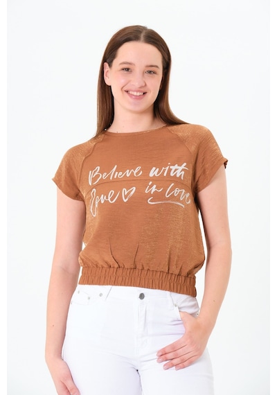 Sortie Collection Reglan Kollu Yazı Baskılı Beli Lastikli Bluz Kahverengi