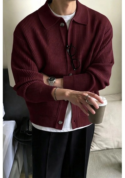Serablanka Erkek Polo Yaka Oversize Triko Hırka Bordo