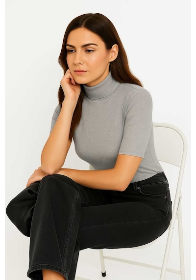 Kadın Kısa Kollu Yarım Boğazlı Body Gri Melanj