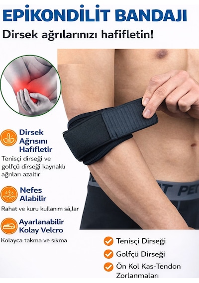 Standart Epikondilit Bandajı Silikon Destekli Tenisçi Golfçü Dirseği Bandı Unisize Standart