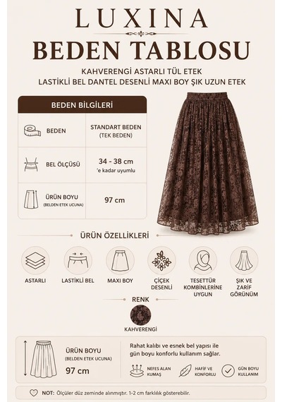 Kahverengi Astarlı Tül Etek Lastikli Bel Dantel Desenli Maxi Boy Şık Uzun Etek