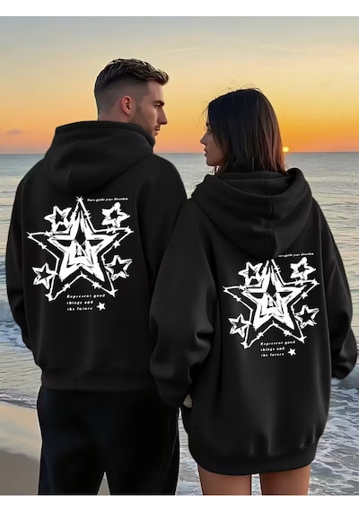 Nevermind Yıldız Desenli Baskılı Hoodie Trend Sevgili Kombini Oversize 3 Siyah