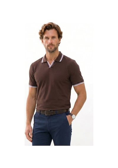 Tudors Erkek Slim Fit Dar Kesim %100 Pamuklu Çizgili Detaylı V Yaka Kahverengi Polo Yaka Tişört-51598 Tudors Erkek Slim Fit Dar Kesim %100 Pamuklu Çizgili Detaylı V Yaka Kahverengi Polo Yaka Tişört-51598