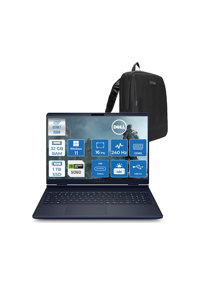 Dell Alienware 16x Aurora ZAC16251H11 Ultra 7-255HX AI 32 GB 1 TB SSD 8 GB RTX5060 16" W11H Dizüstü Bilgisayar + Zetta Çanta